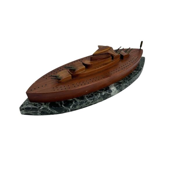 Vintage Wood Battle Ship Shaped Cribbage Board Game on Marble Base Cannon Pegs - Picture 5 of 11